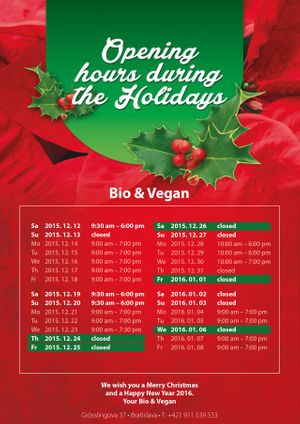 opening hours during the Holidays at Bio Vegan in Bratislava