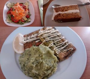 Lunch Set:
Millet Salad + Fried 'Fish' + Banana Cake at Rizoma in Barcelona