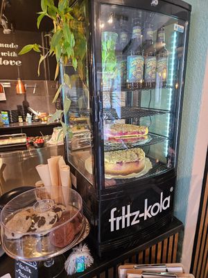 Cake display, all plant based at Super Jami Kitchen in Stuttgart