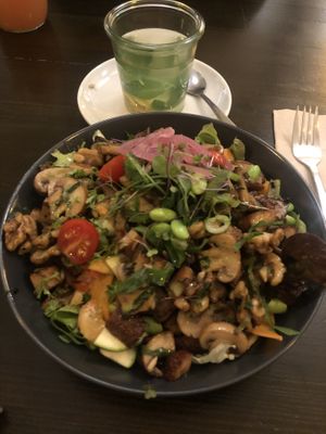 Salad with roasted mushrooms, edamame, smoked tofu   at Super Jami Kitchen in Stuttgart