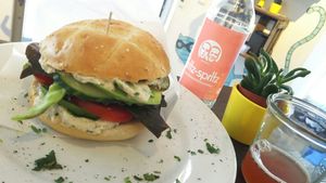 Cream cheese avocado sandwich, very nice, especially the cashew based cream cheese. Rhubarb lemonade, a first for me and quite nice. at Super Jami Kitchen in Stuttgart