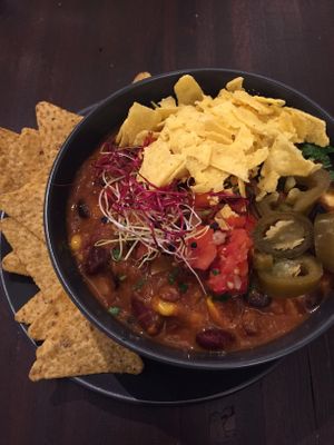 Chili with tortilla chips  at Super Jami Kitchen in Stuttgart