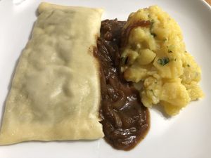 Swabian Ravioli with potato salad and jus: take away  at Super Jami Kitchen in Stuttgart