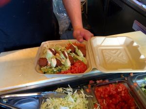 Prepping my platter at The Flying Falafel in San Francisco