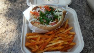 Falafel sandwich and fries at The Flying Falafel in San Francisco