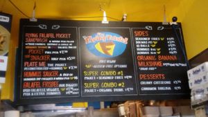 Menu stand at The Flying Falafel in San Francisco