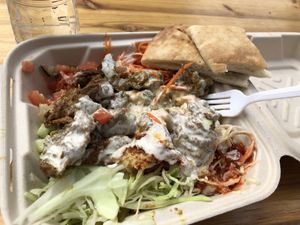 The chik’n was amazing! My daughter was concerned it was real chicken because of the look and texture. It is made of soy and in house.  at The Flying Falafel in San Francisco