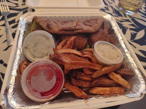 Falafel gyro with sweet potato fries at The Elusive Cow in Bellevue