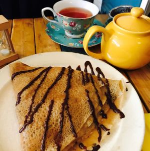 Nutella and banana crepe with tea at Little ChoC Apothecary in Brooklyn