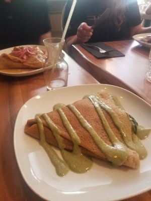 Room For Mushroom crepe in foreground, Chikn & Honey crepe in back at Little ChoC Apothecary in Brooklyn