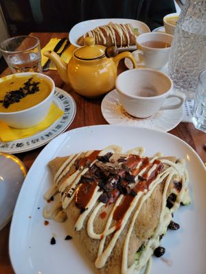 Burrito crepe, soup and tea at Little ChoC Apothecary in Brooklyn