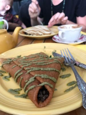 room for mushroom crêpes with herb roasted mushrooms, spinach, walnuts and tahini basil sauce at Little ChoC Apothecary in Brooklyn