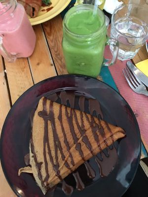 crêpes with  choc butter and straweberries at Little ChoC Apothecary in Brooklyn