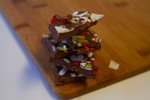 Our vegan & gluten free Energy Bark is the perfect snack! Made with real Ecuadorian cacao, organic almond butter, goji berries, pumpkin seeds and shredded coconut and lots of love! at Earth Girls Goodies & Eatery in Durango
