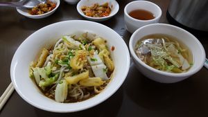 Sticky noodle tofu soup at 999 Shan Noodle Shop in Yangon