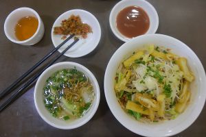 the whole meal at 999 Shan Noodle Shop in Yangon
