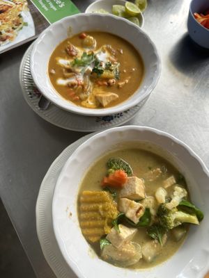 Massaman curry and green curry   at Green Garden & May Kaidee Cooking School in Bangkok