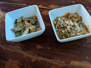 Green curry and massaman curry (made in the cooking class) at Green Garden & May Kaidee Cooking School in Bangkok