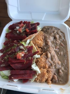 Vegan Beet Tacos. A little heavy on beets but the rice and beans were good and the cabbage was a fresh and crunchy addition! at The Stand Seaside in Seaside