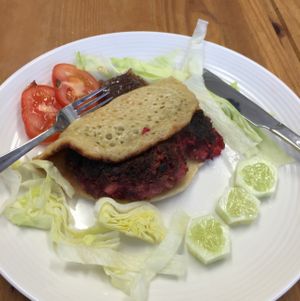 Fab pancake with beetroot burger inside :) delicious !! at The Walnut Cafe in Milford Haven