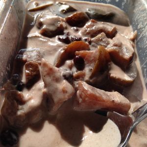 dessert in take away box- stewed fruit and coconut cream at The Walnut Cafe in Milford Haven