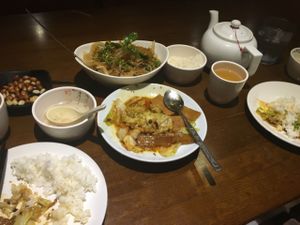 sweet and sour kelp salad, tea, soup, twice cooked pork, and a salted peanut snack all for under 15  at Lucky Vegetarian in Brooklyn