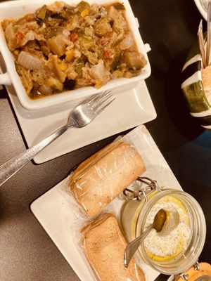 Vegetable pisto and artichoke pate  at Cafe-Obrador Okapi in Bilbao