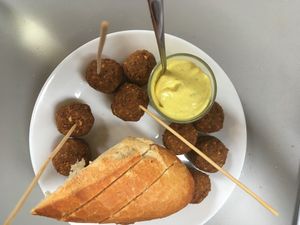 yummiest falafel! (this sauce is mayo based, but there is a vegan option, too) at Cafe-Obrador Okapi in Bilbao