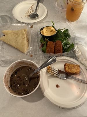 Black bean and carrot soup, samosas, and focaccia bread! at Stone Row Pub and Eatery in Jim Thorpe