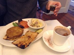 Millet burger with flatbread option and potato salad, vegan hot chocolate at Stone Row Pub and Eatery in Jim Thorpe