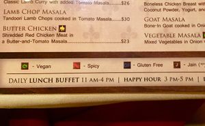 Vegan symbol to indicate vegan menu items  at Rio Hotel and Casino - Royal India Bistro in Las Vegas