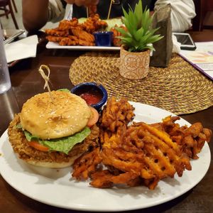 Crispy chicken burger at Violette's Vegan Organic Cafe and Juice Bar in Las Vegas