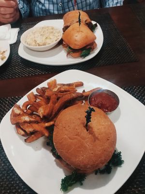 Hippie Burger with fries at Violette's Vegan Organic Cafe and Juice Bar in Las Vegas