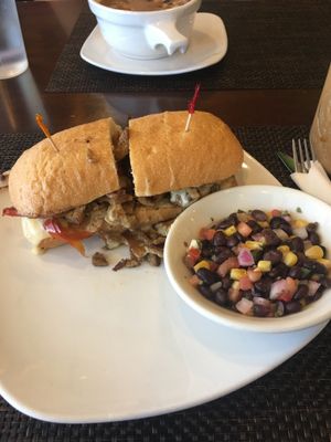 Philly Cheese steak with black bean salad SO GOOD!  at Violette's Vegan Organic Cafe and Juice Bar in Las Vegas