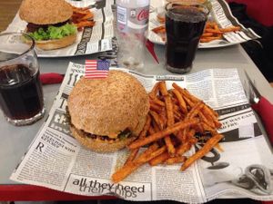Texas BBQ-Burger with sweet potato fries at I Love Veggie Burger in Vienna