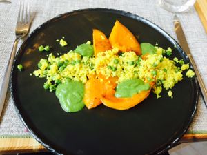 zucca, cous cous con pisellini e salsa di patate e salvia at L'Asparago in Como