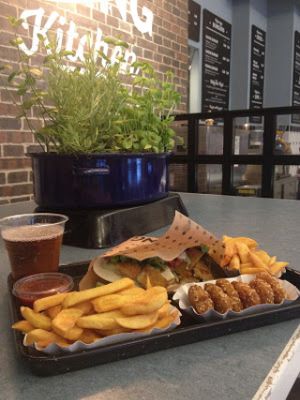 Chicken Wrap (my favourite menu item), chicken nuggets and chips. at Swing Kitchen - Schottenfeldgasse in Vienna