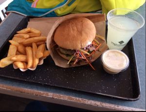 Cheeseburger with fries, lemonade and garlic dip. at Swing Kitchen - Schottenfeldgasse in Vienna