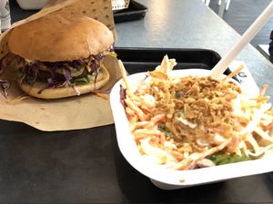 Cheeseburger and coleslaw  at Swing Kitchen - Schottenfeldgasse in Vienna