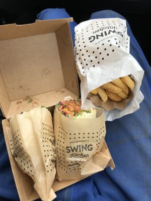 Hot root wrap and fries for „to go" at Swing Kitchen - Schottenfeldgasse in Vienna