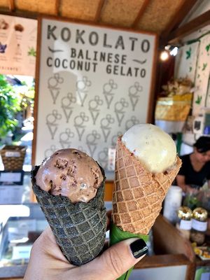Black rice and red rice cones with rocky road and ginger, cardamom, rose at Kokolato in Ubud