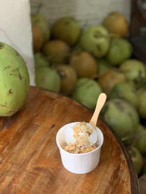 Two scoops of coconut ice cream with shaved coconut and coconut brittle at Tukies Coconut Shop  in Ubud
