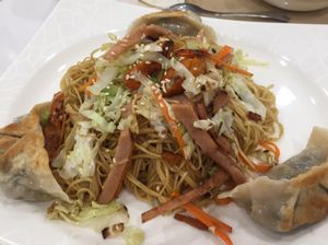 Fried noodles with dumplings at Green Fresh Vegan Restaurant in New Territories
