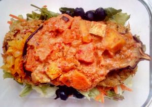 Rice burgers and Eggplant filled with tofu at Sociedade Portuguesa de Naturalogia in Lisbon