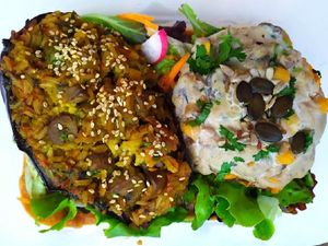 Strogonoff, eggplant and giant mushroom at Sociedade Portuguesa de Naturalogia in Lisbon