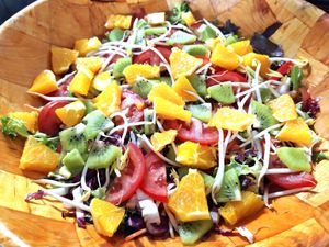 Fruit salad with sprouts at Sociedade Portuguesa de Naturalogia in Lisbon