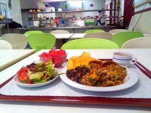 Tray and kitchen (background) at Sociedade Portuguesa de Naturalogia in Lisbon