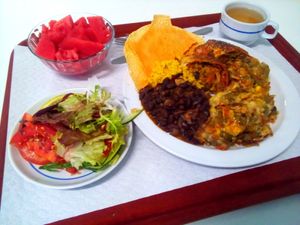 Black & Green beans, couscous, papari, veggies roll, salad, watermelon and cup of tea at Sociedade Portuguesa de Naturalogia in Lisbon