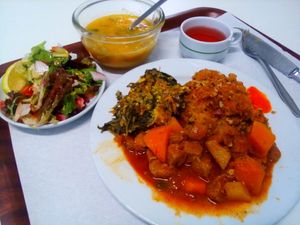 Green beans soup, hibiscus tea, spinach souffle, oats with seeds, seitan with pumpkin and pomegranate salad at Sociedade Portuguesa de Naturalogia in Lisbon