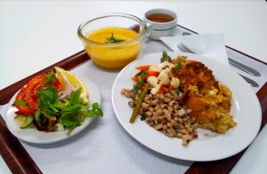 Empadão with ciclist beans, soup and salad at Sociedade Portuguesa de Naturalogia in Lisbon